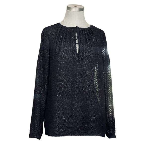 Michael Kors Black Fuzzy Sparkle Textured Blouse S/M Bow Front Long Sleeve EXC - Picture 3 of 7